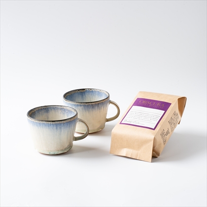「信凛窯マグカップ（彩色灰釉・青）×2個とチョコレートブレンド（200g）のセット