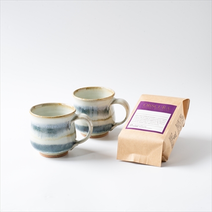 「袖師窯マグカップ（ヌカ白横シマ）×2個とチョコレートブレンド（200g）のセット
