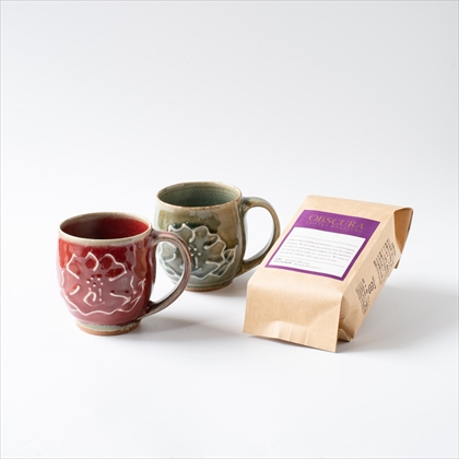 「椿窯マグカップ（椿あり）×2個とチョコレートブレンド（200g）のセット