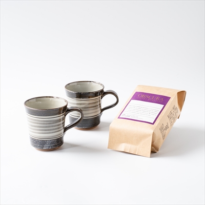 「鬼丸豊喜窯コーヒーカップ（飛鉋 とびかんな）×2個とチョコレートブレンド（200g）のセット