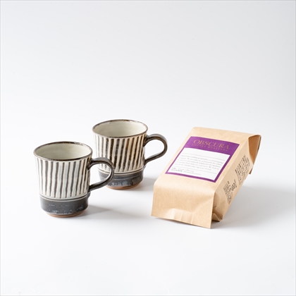 「鬼丸豊喜窯コーヒーカップ（刷毛目）×2個とチョコレートブレンド（200g）のセット